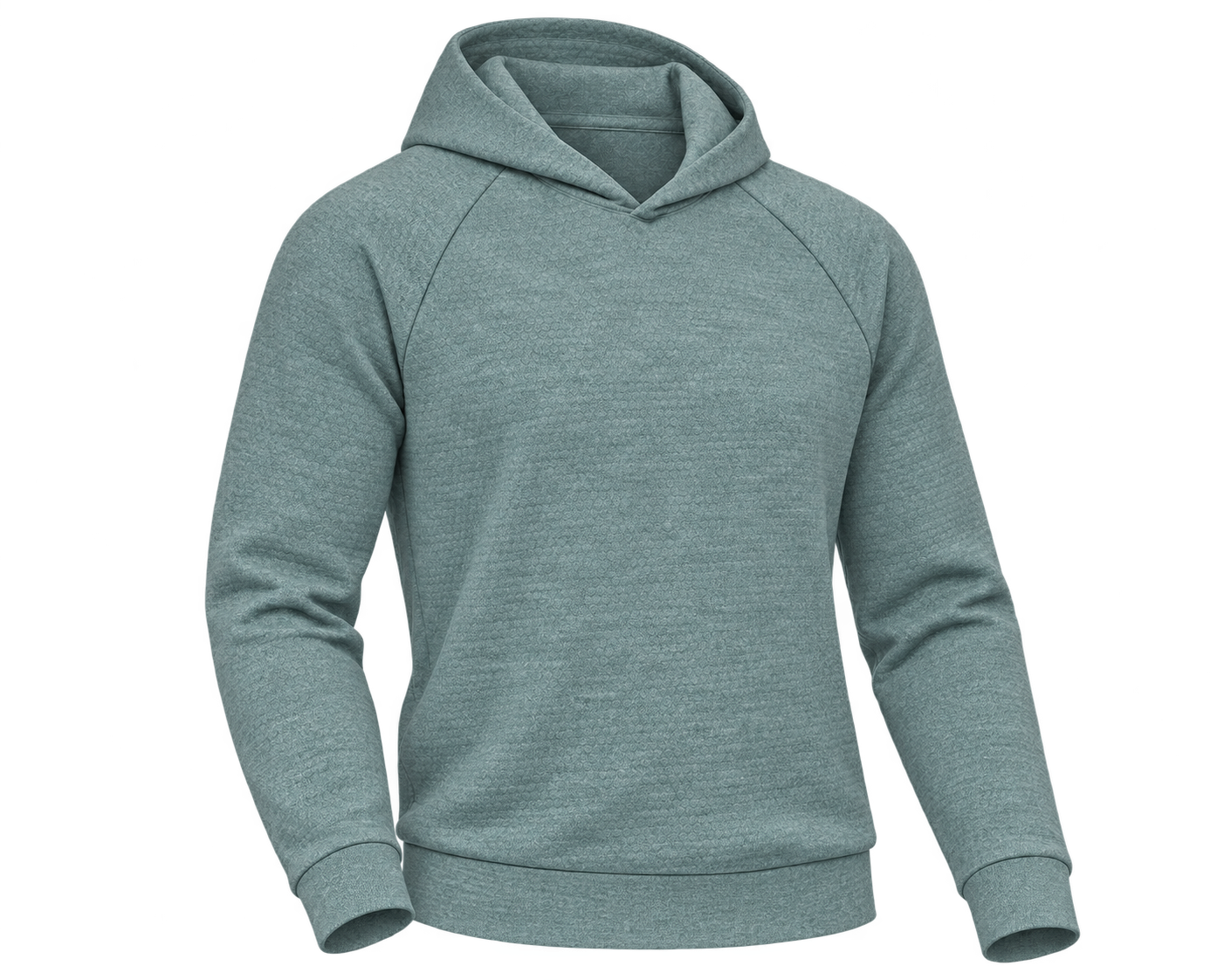 Isolated product illustration of the Ellison Hoodie in Heathered California Spruce, showing its honeycomb surface, raglan sleeves and banded hem