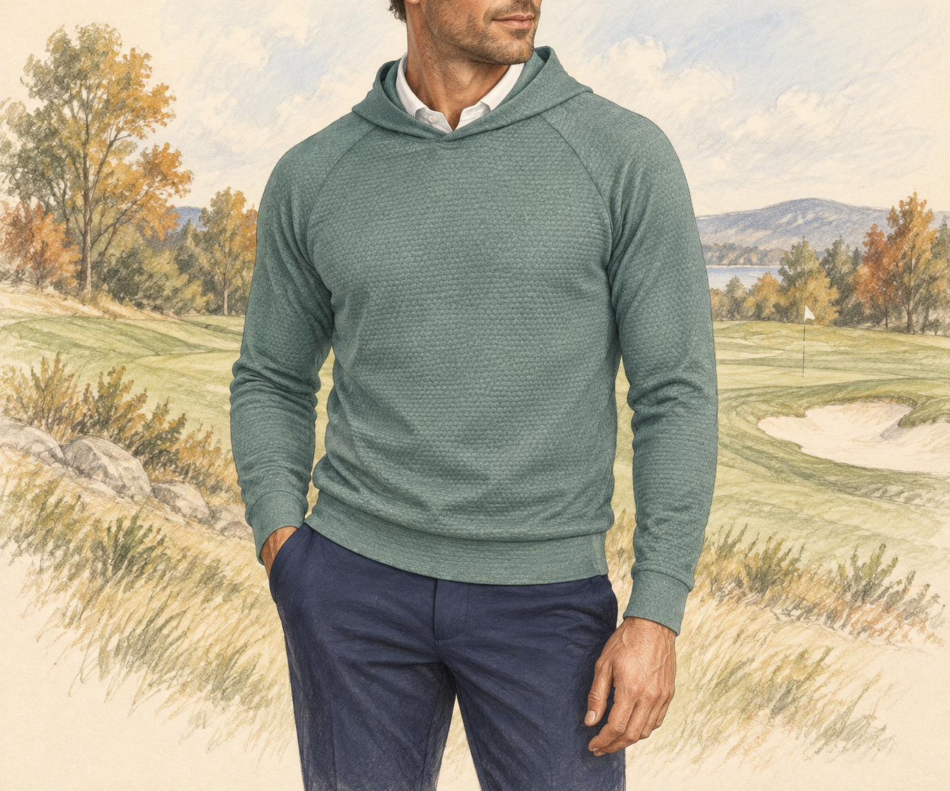 Pencil and watercolor illustration of a golfer wearing the fine honeycomb-textured green Ellison Hoodie over a white polo, with a loosely sketched autumn golf course behind him